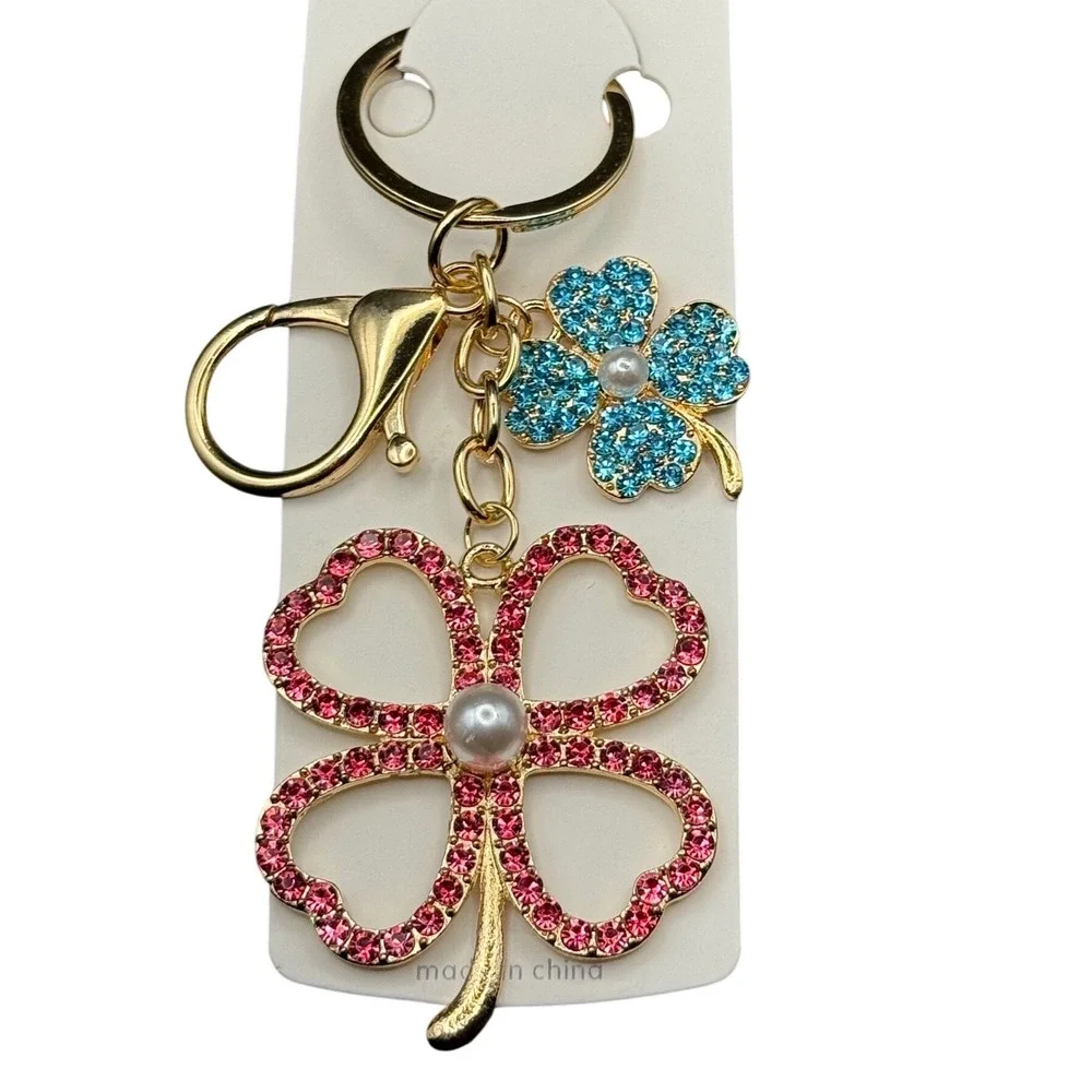 Four Leaf‎ Clover Rhinestone Keychain Blue Pink Pearl Charm